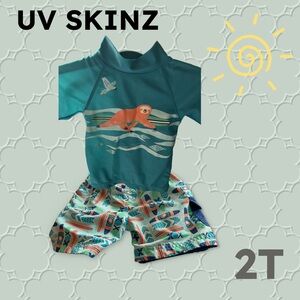 👍 GUC UV SKINZ | 2T | Toddler 2 pieces swinsuit SPF 50 Aqua Sloth/Surf print